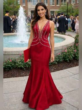 Maggie Sottero Red and Silver Embellished Prom Gown